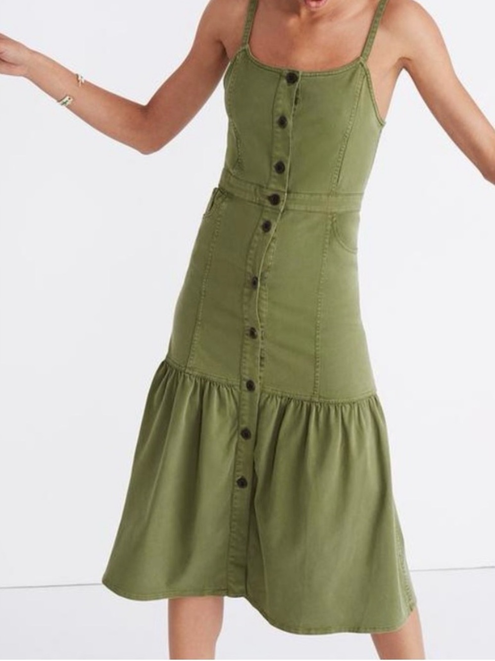 Madewell Olive Green Button-Front Midi Sundress